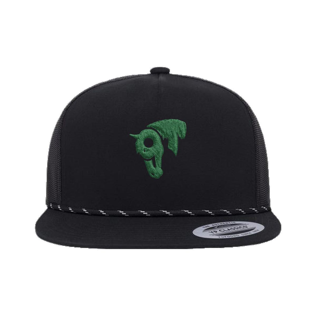 9T Horse Yupoong 6006BD Rope Hat / Black / Dark Green / angle on white