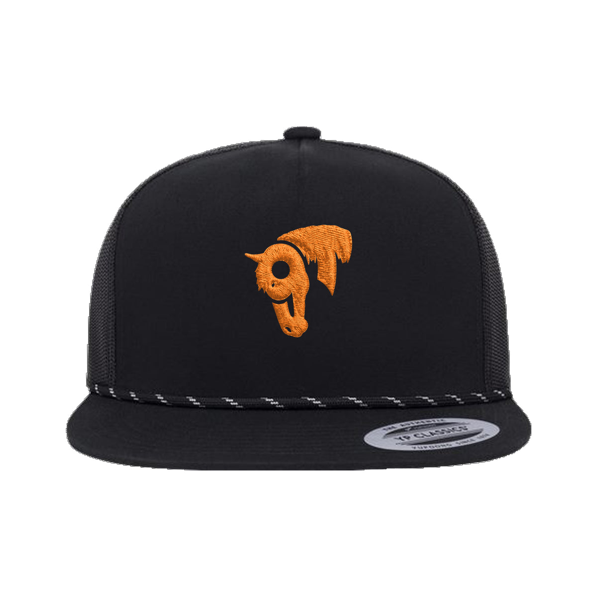 9T Horse Yupoong 6006BD Rope Hat / Black / Orange / angle on white
