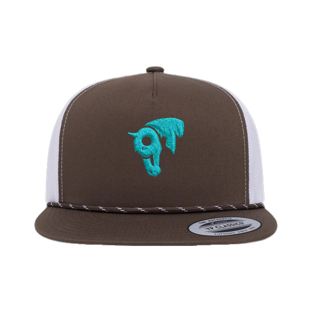 9T Horse Yupoong 6006BD Rope Hat / Brown/White / Teal / angle on white