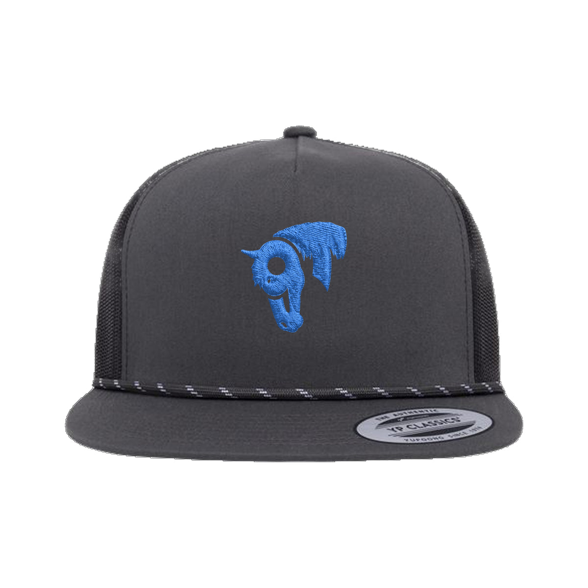 9T Horse Yupoong 6006BD Rope Hat / Charcoal/Black / Blue / angle on white