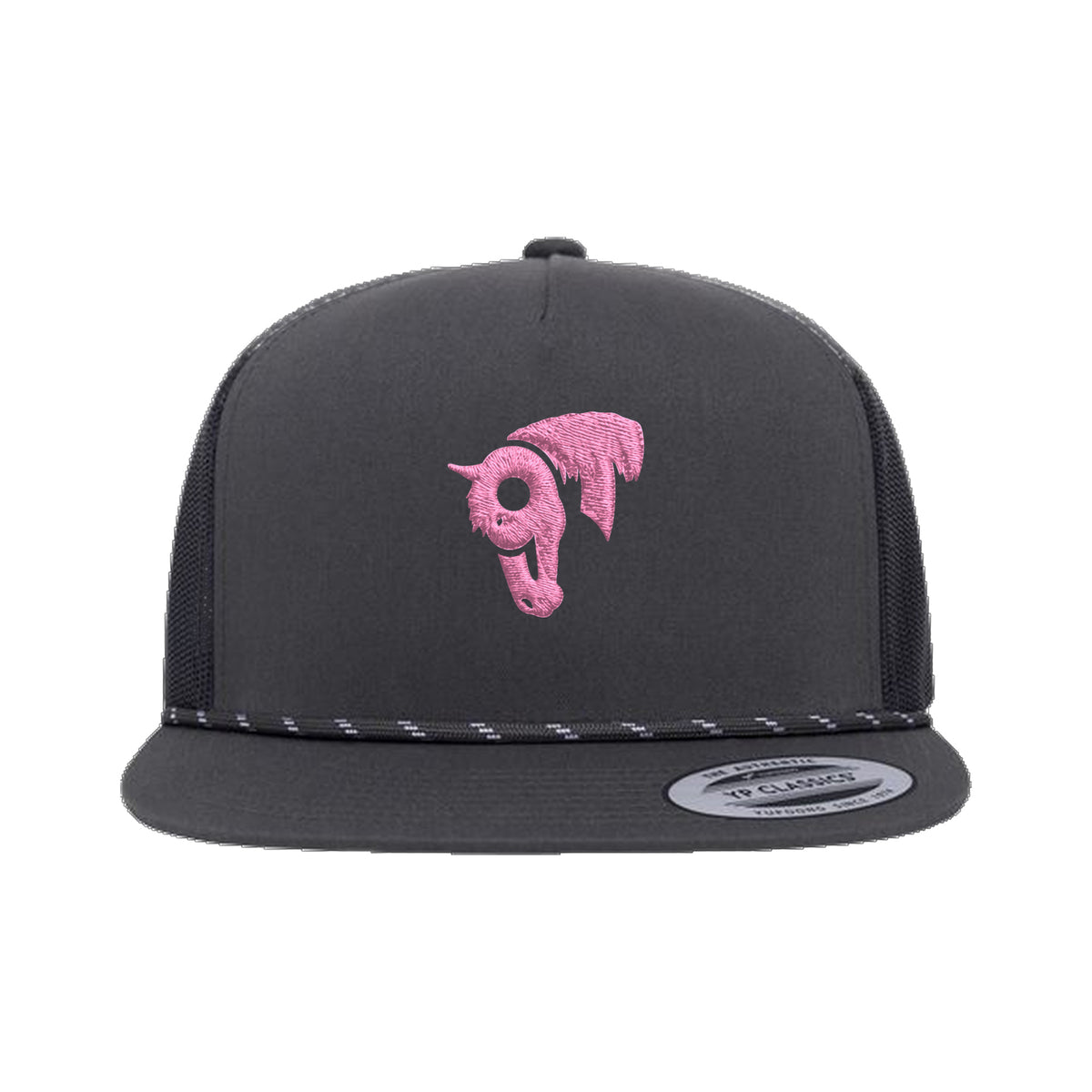 9T Horse Yupoong 6006BD Rope Hat / Charcoal / Pink / angle on white