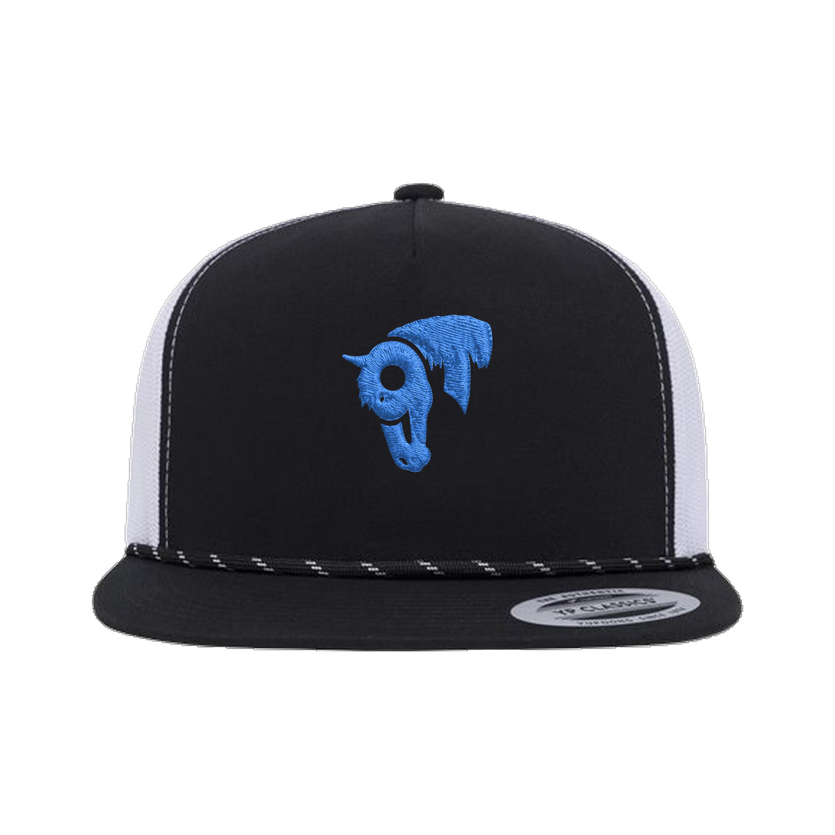 9T Horse Yupoong 6006BD Rope Hat / Black/White / Blue / angle on white