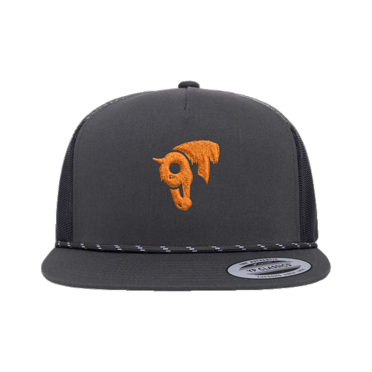 9T Horse Yupoong 6006BD Rope Hat / Charcoal / Orange / angle on white