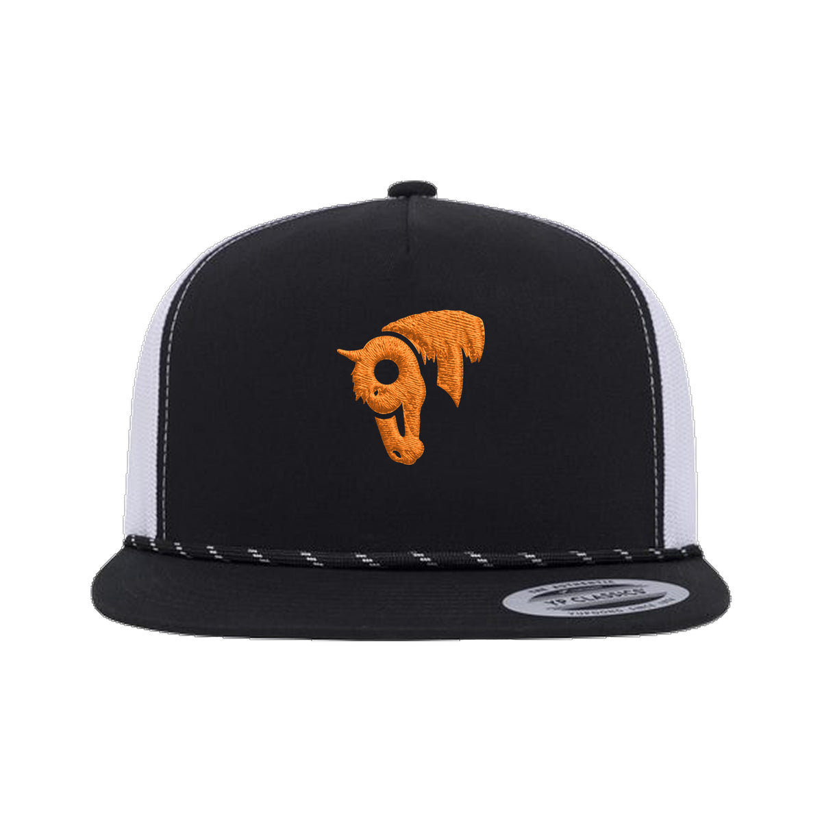 9T Horse Yupoong 6006BD Rope Hat / Black/White / Orange / angle on white