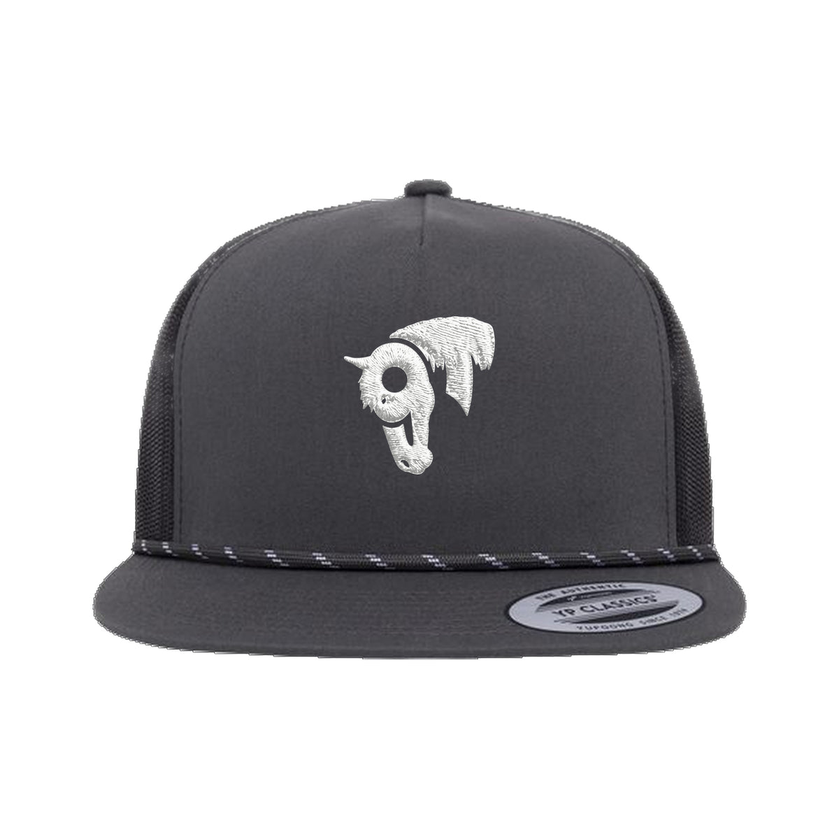 9T Horse Yupoong 6006BD Rope Hat / Charcoal/Black / White / angle on white