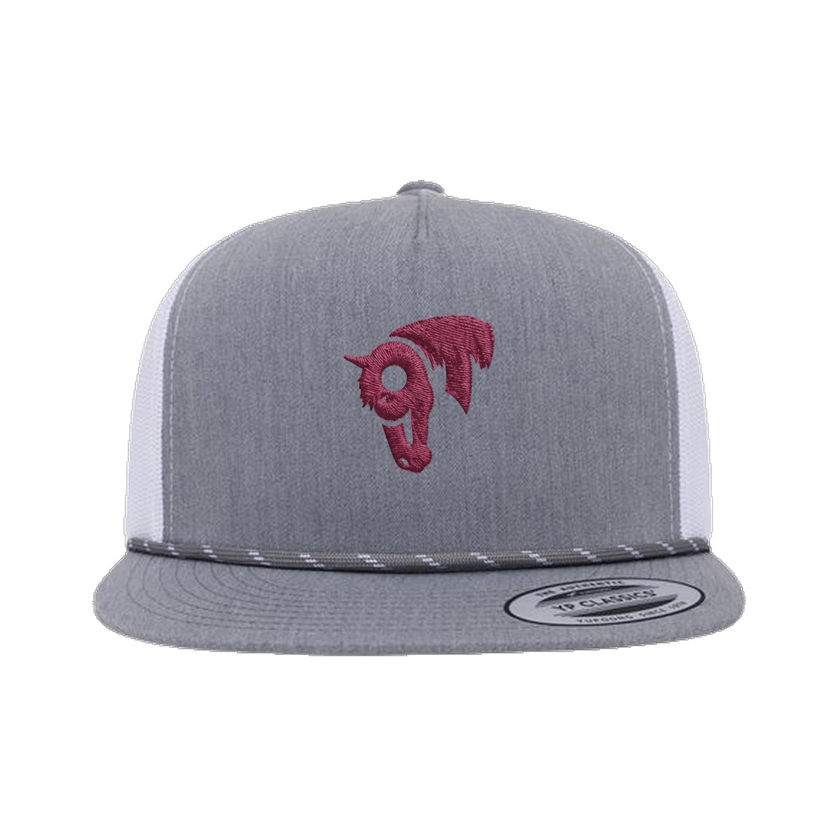 9T Horse Yupoong 6006BD Rope Hat / Heather Grey/White / Maroon / angle on white
