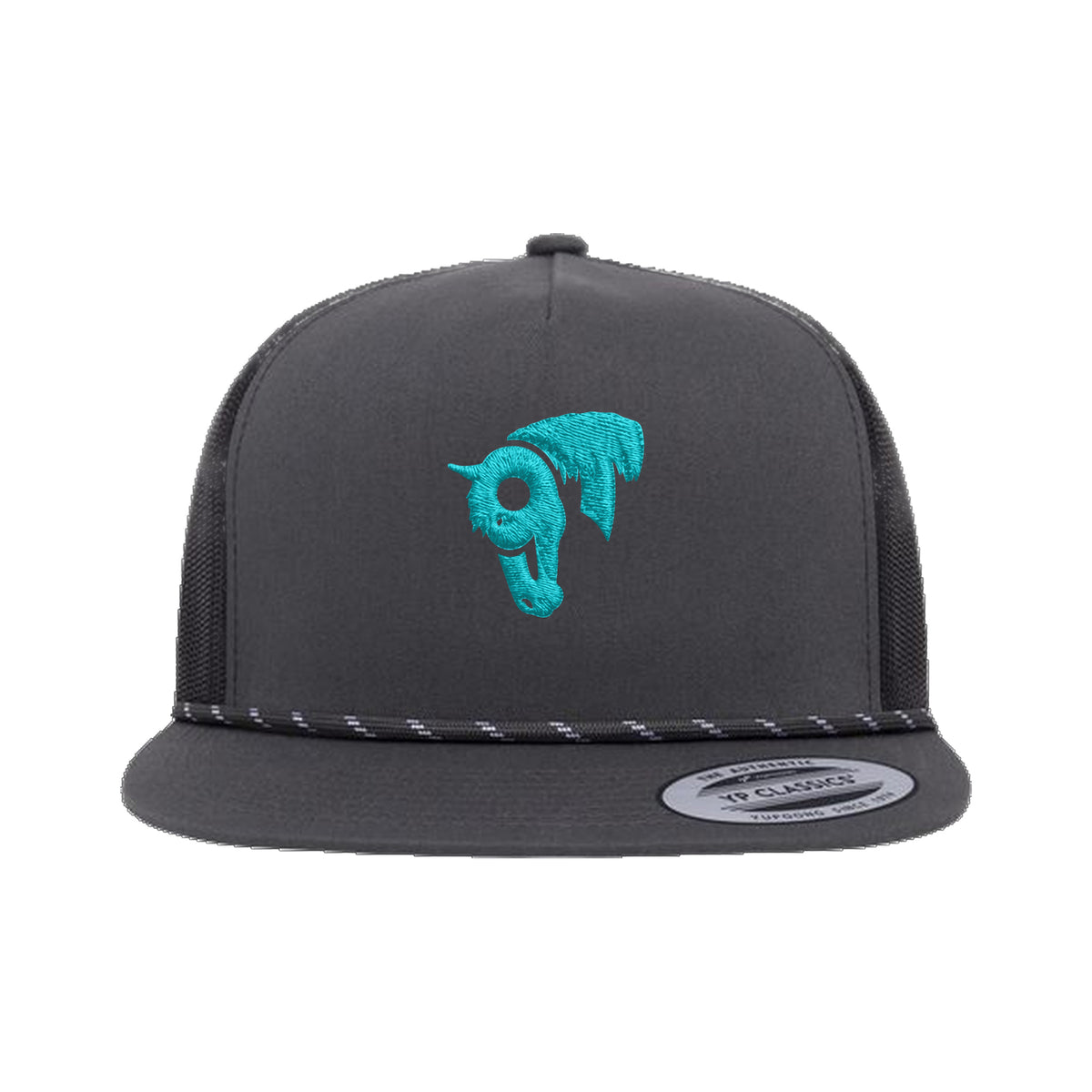 9T Horse Yupoong 6006BD Rope Hat / Charcoal/Black / Teal / angle on white