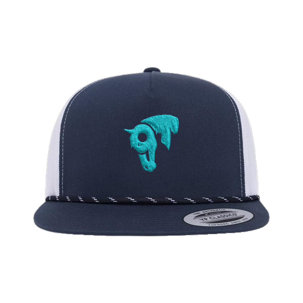 9T Horse Yupoong 6006BD Rope Hat / Navy/White / Teal / angle on white