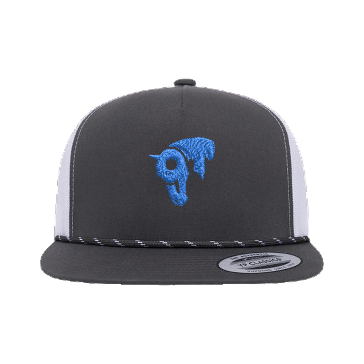 9T Horse Yupoong 6006BD Rope Hat / Charcoal/White / Blue / angle on white