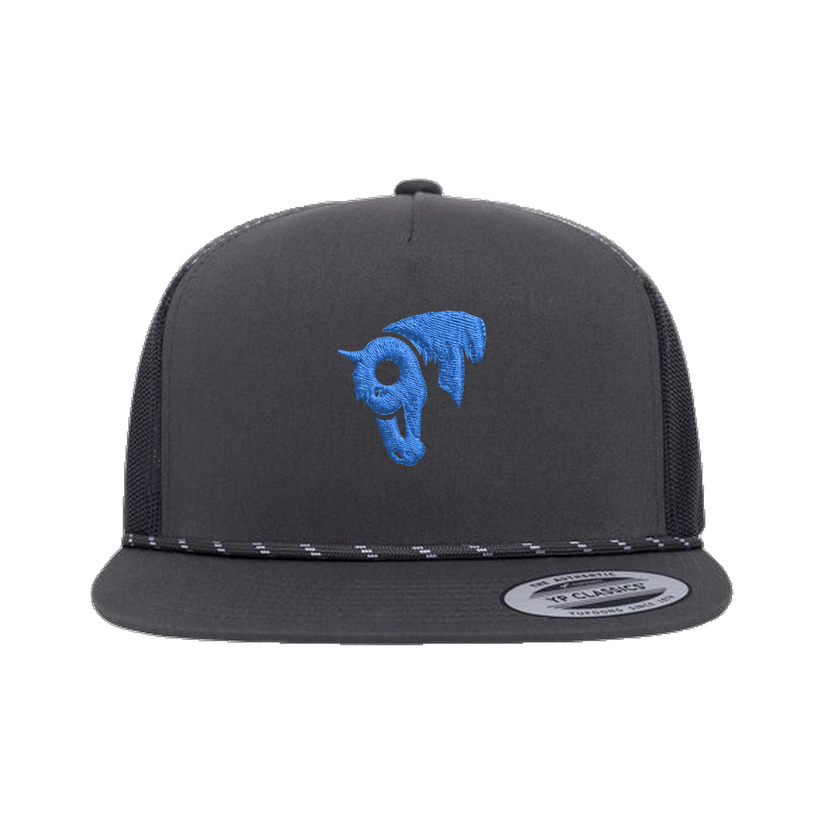 9T Horse Yupoong 6006BD Rope Hat / Charcoal / Blue / angle on white