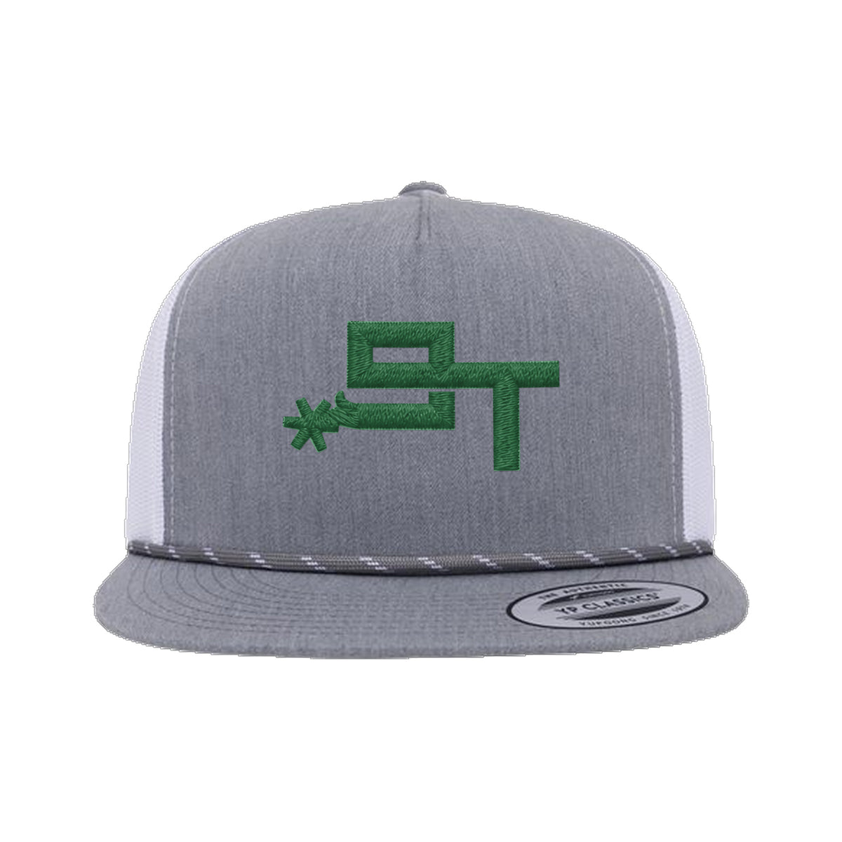 9T Spur Yupoong 6006BD Rope Hat / Heather Grey/White / Dark Green / angle on white
