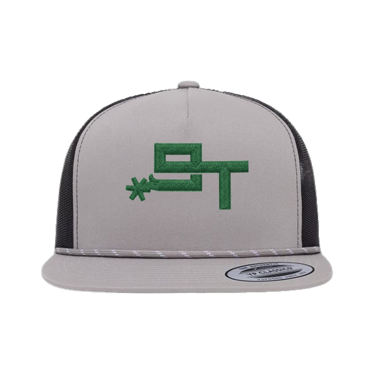 9T Spur Yupoong 6006BD Rope Hat / Silver/Black / Dark Green / angle on white