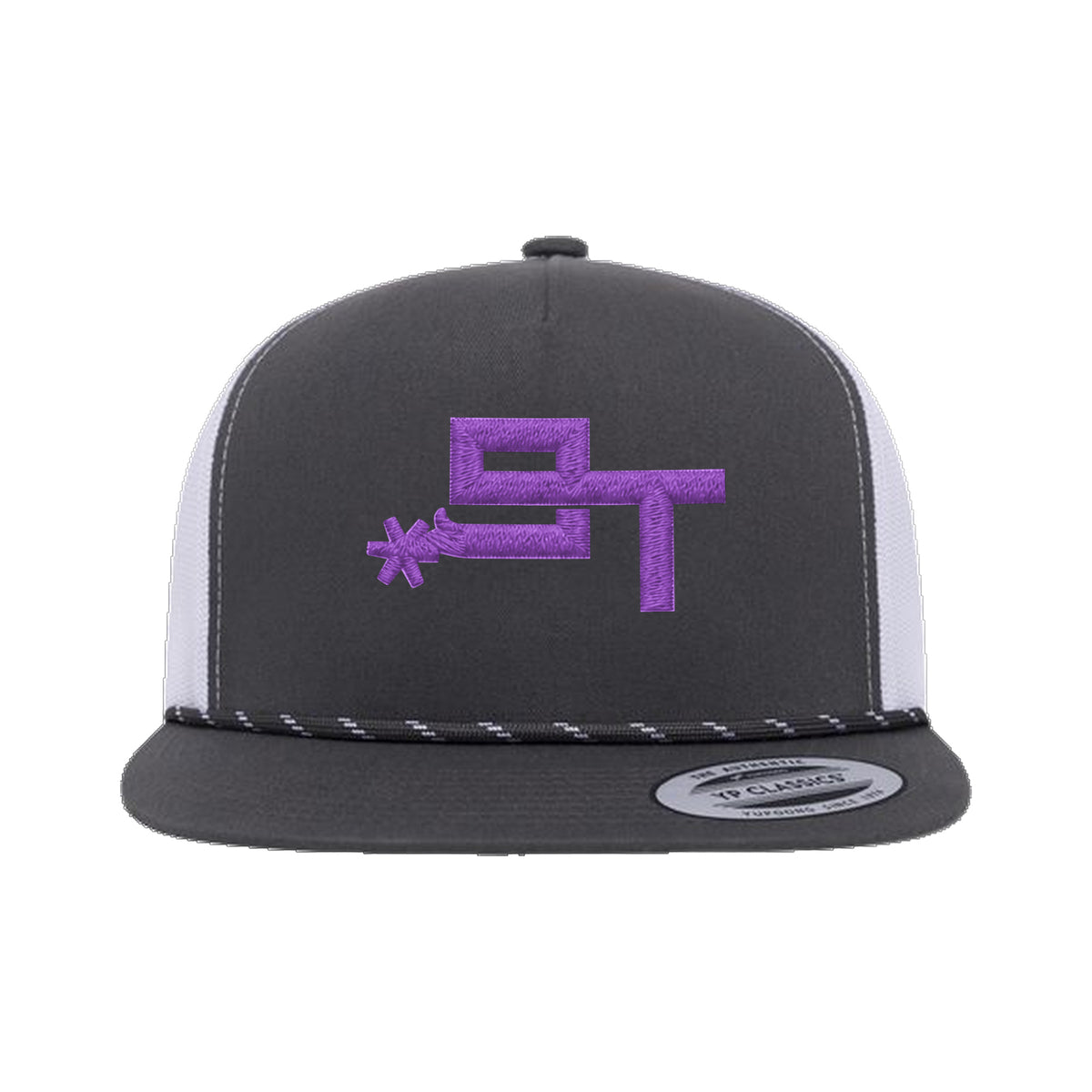 9T Spur Yupoong 6006BD Rope Hat / Charcoal/White / Purple / angle on white