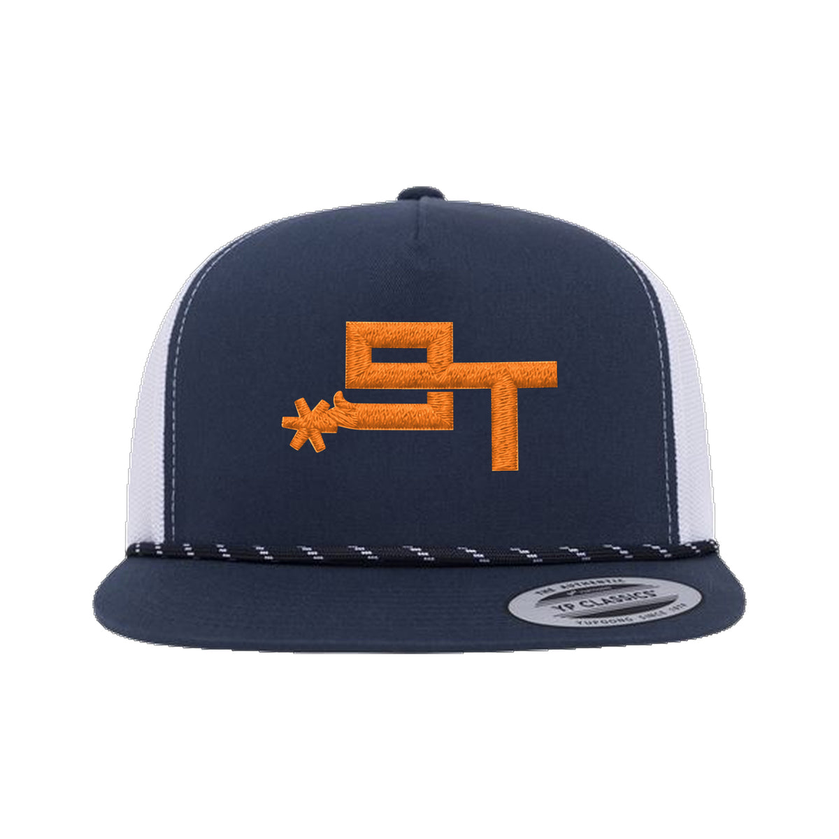 9T Spur Yupoong 6006BD Rope Hat / Navy/White / Orange / angle on white