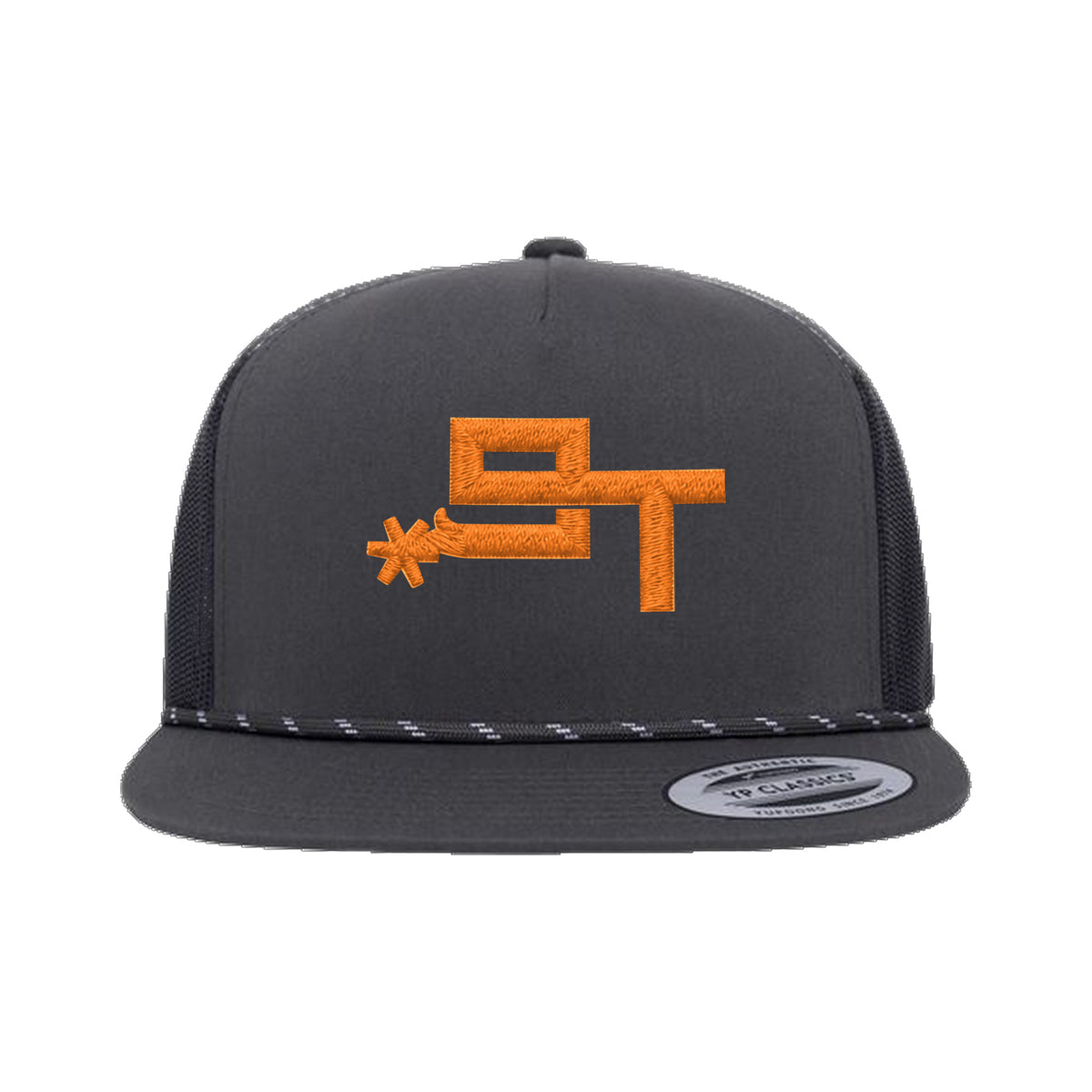 9T Spur Yupoong 6006BD Rope Hat / Charcoal / Orange / angle on white