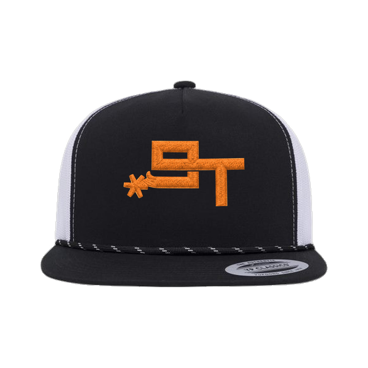 9T Spur Yupoong 6006BD Rope Hat / Black/White / Orange / angle on white