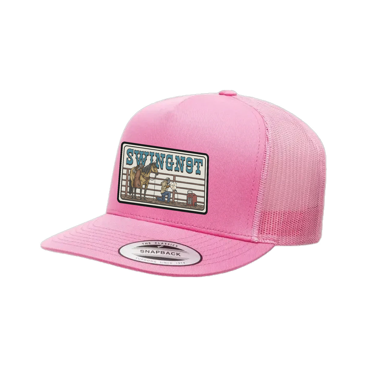 Welder Patch Yupoong 6006 Hat / Pink / angle on white