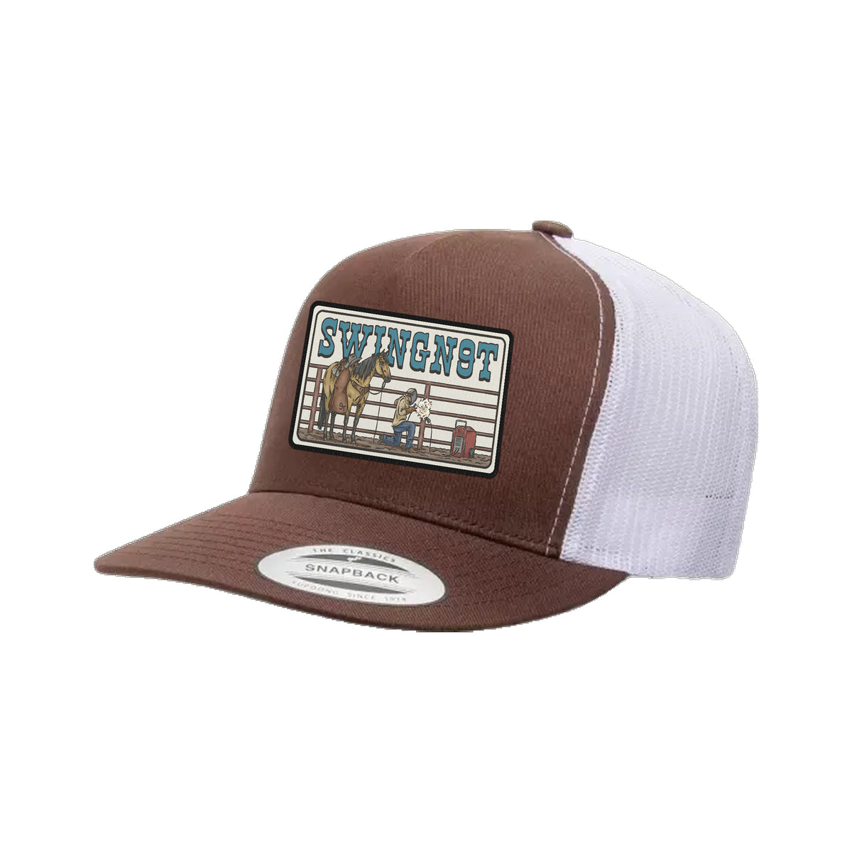 Welder Patch Yupoong 6006 Hat / Brown/White / angle on white