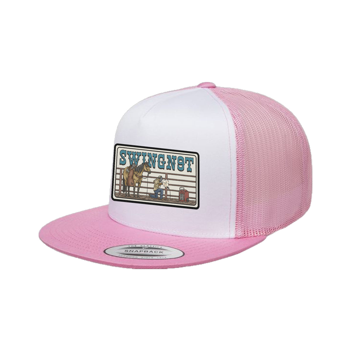 Welder Patch Yupoong 6006 Hat / Pink/White/Pink / angle on white