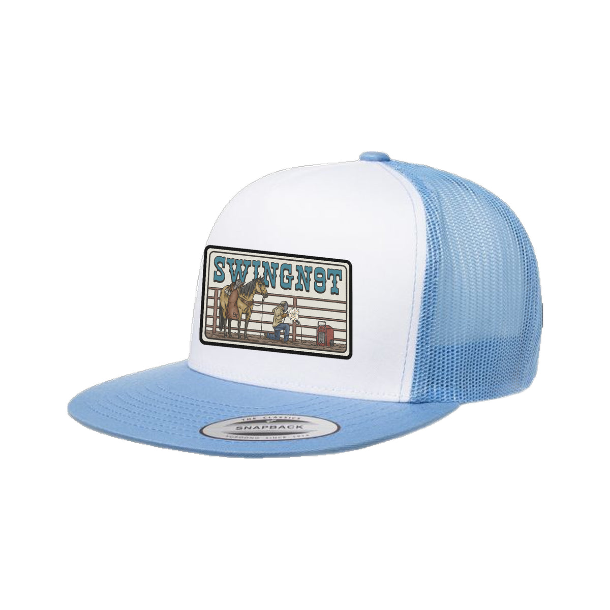 Welder Patch Yupoong 6006 Hat / Carolina Blue/White/Carolina Blue / angle on white