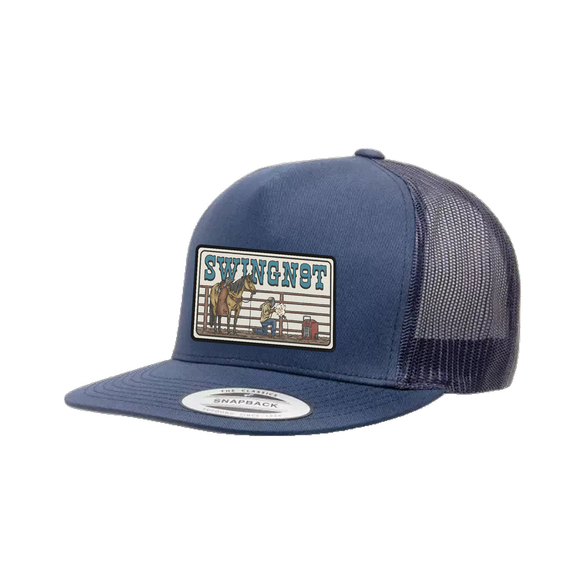 Welder Patch Yupoong 6006 Hat / Navy / angle on white