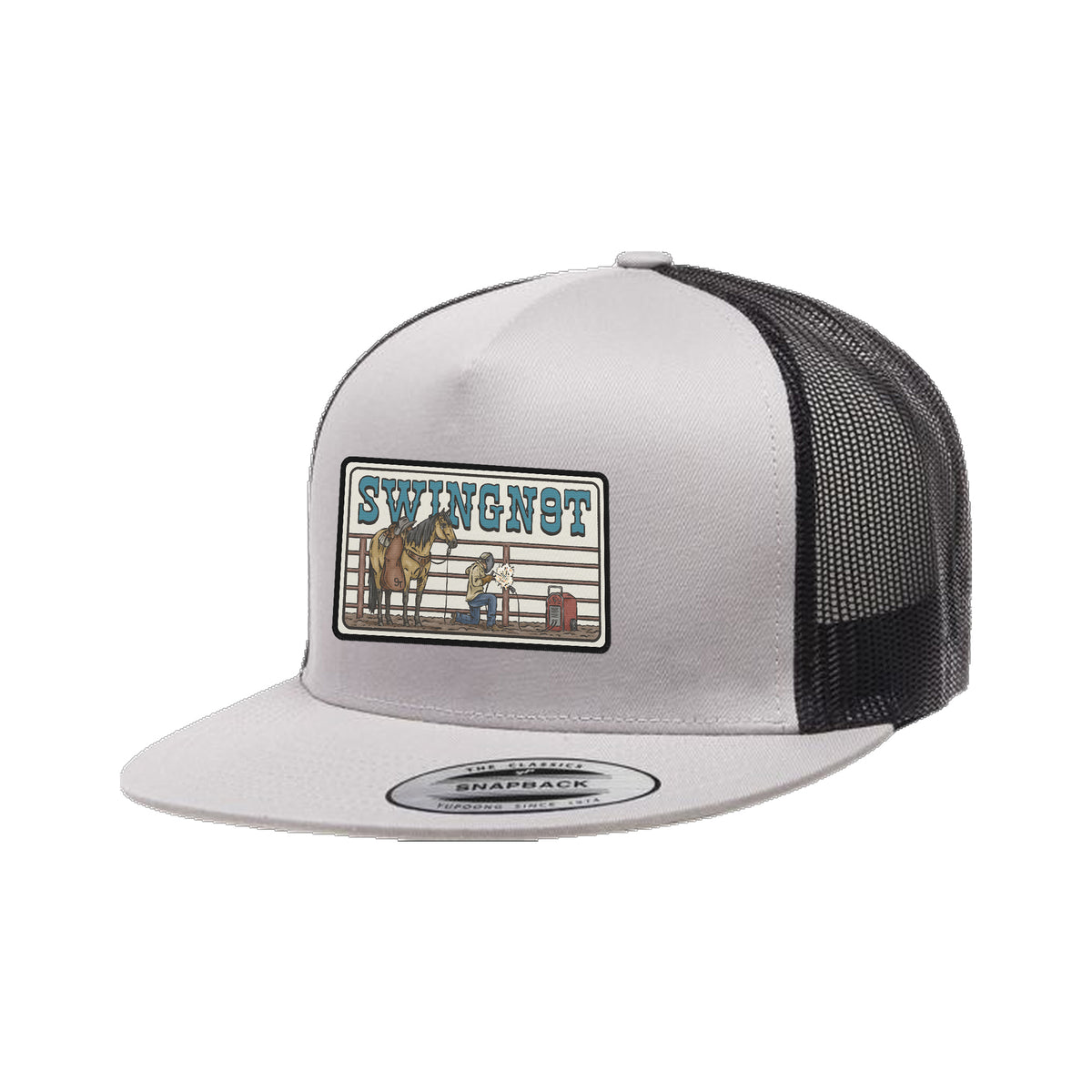 Welder Patch Yupoong 6006 Hat / Black/Silver / angle on white