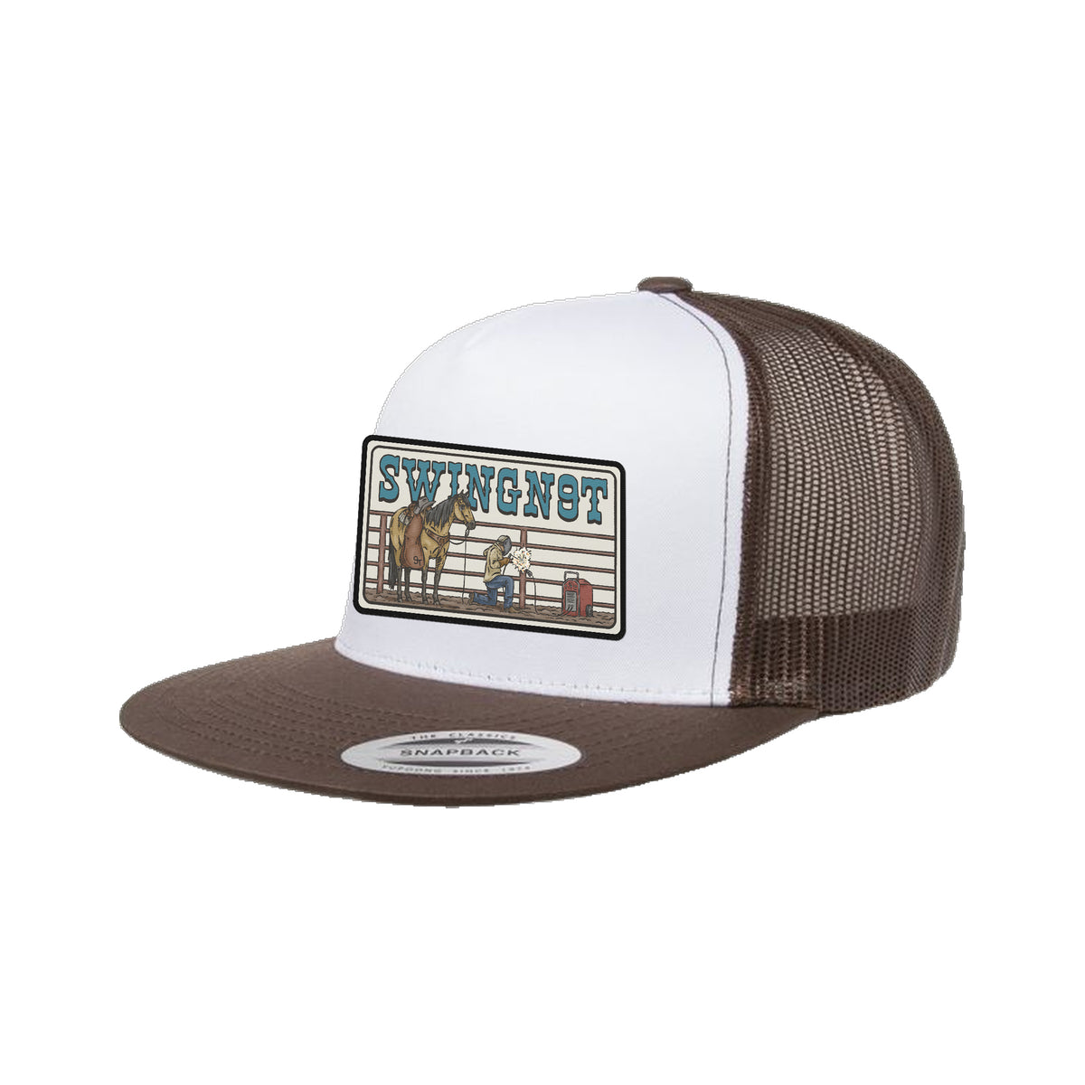 Welder Patch Yupoong 6006 Hat / Brown/White/Brown / angle on white