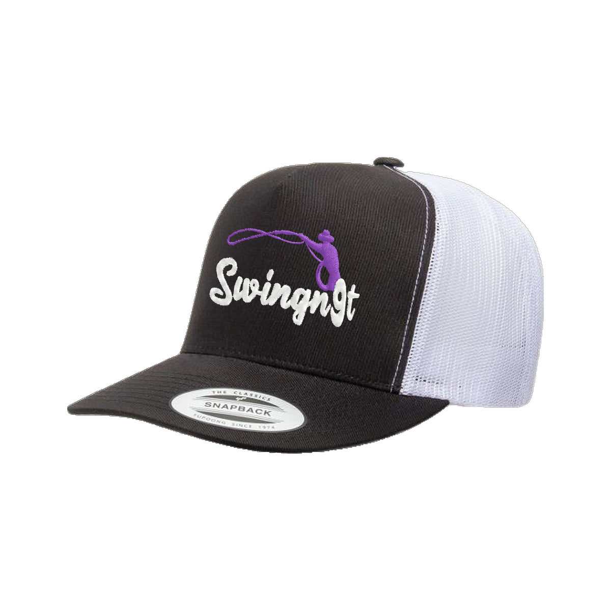SwingN9T Roping Yupoong 6006 Hat / Black/White / White/Purple / angle on white