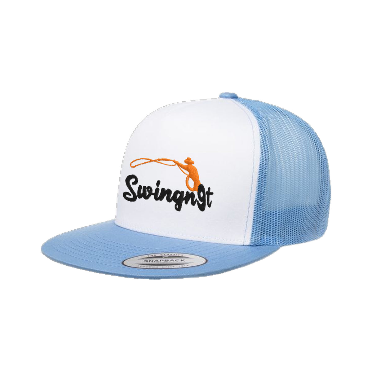 SwingN9T Roping Yupoong 6006 Hat / Carolina Blue/White/Carolina Blue / Black/Orange / angle on white