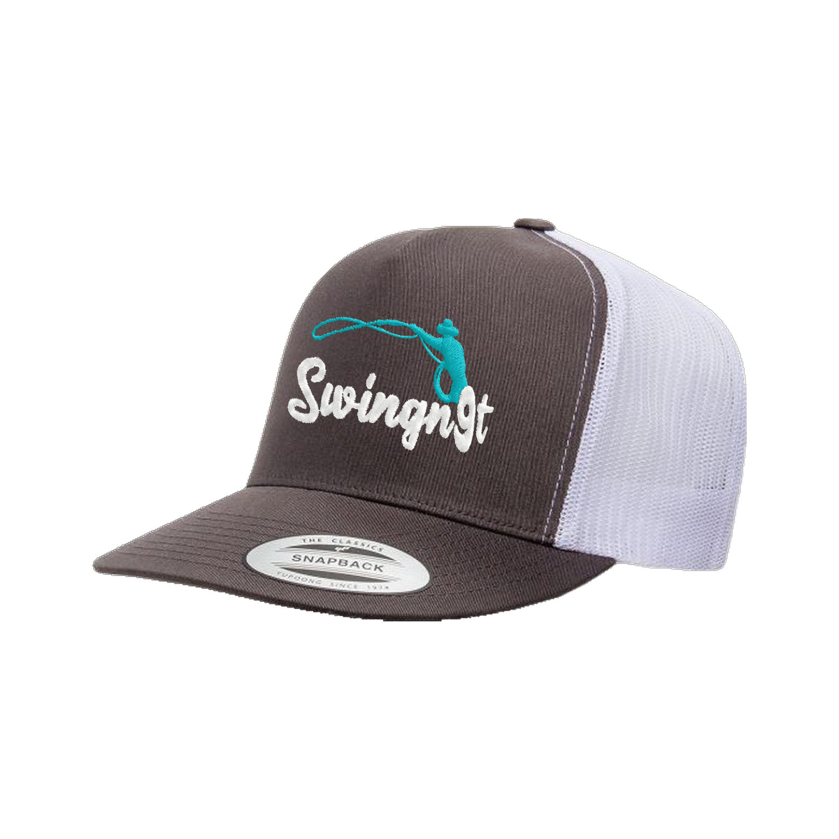 SwingN9T Roping Yupoong 6006 Hat / Charcoal/White / White/Teal / angle on white