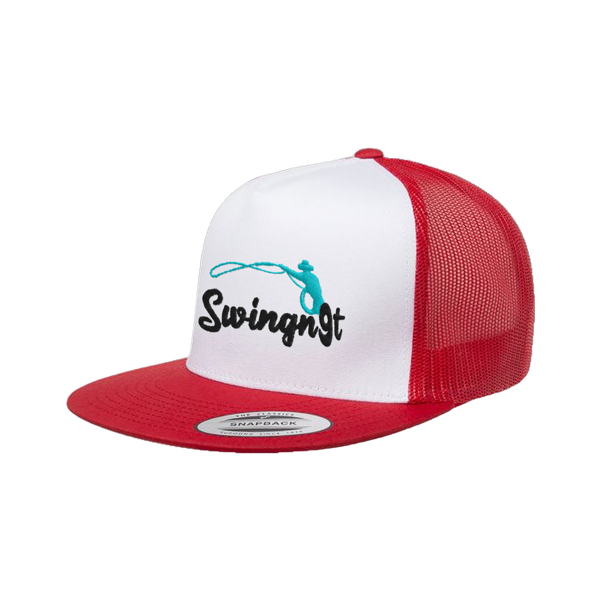 SwingN9T Roping Yupoong 6006 Hat / Red/White/Red / Black/Teal / angle on white