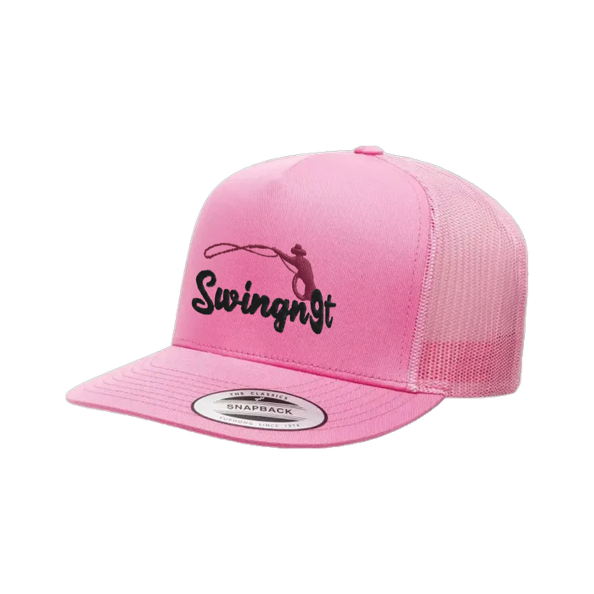 SwingN9T Roping Yupoong 6006 Hat / Pink / Black/Maroon / angle on white