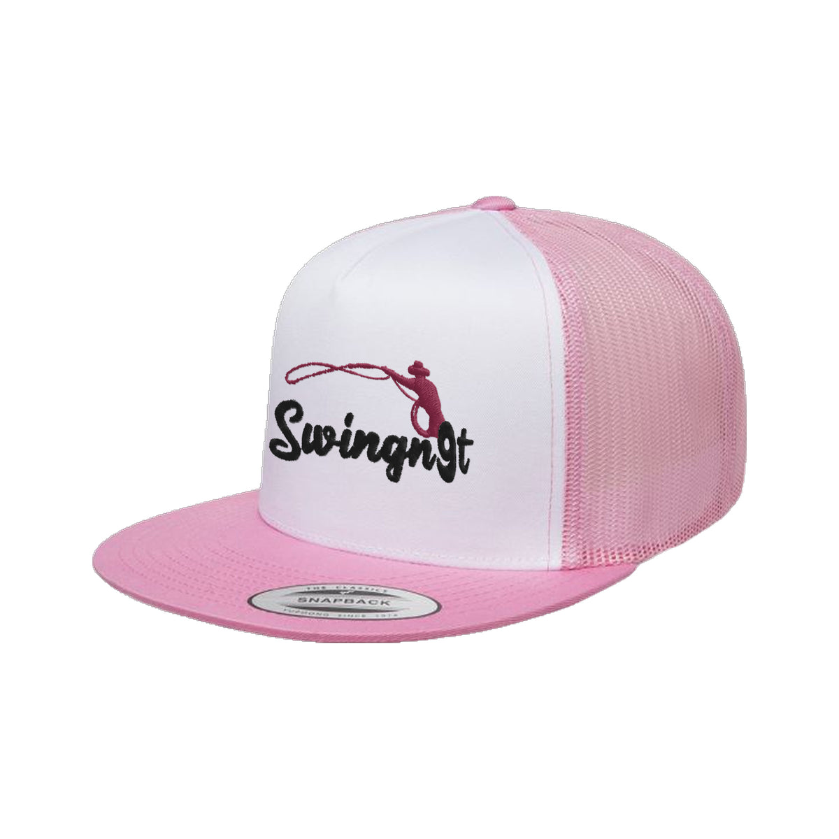 SwingN9T Roping Yupoong 6006 Hat / Pink/White/Pink / Black/Maroon / angle on white
