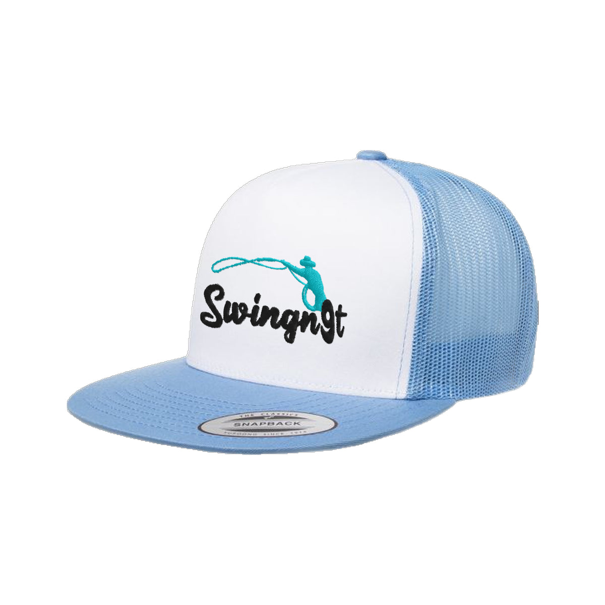 SwingN9T Roping Yupoong 6006 Hat / Carolina Blue/White/Carolina Blue / Black/Teal / angle on white