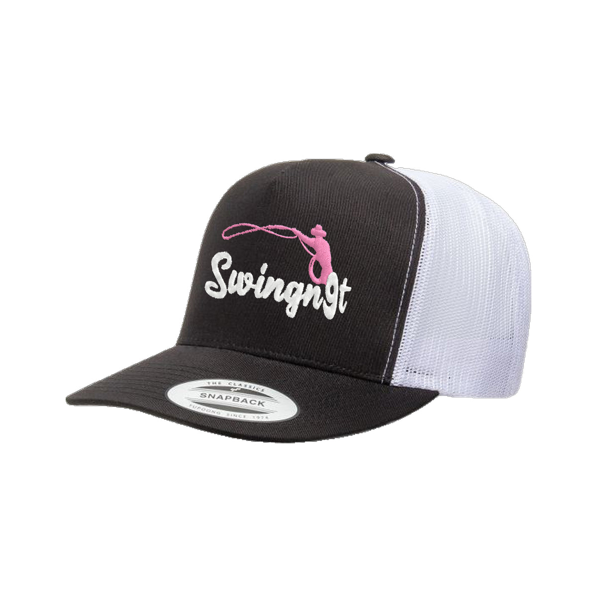 SwingN9T Roping Yupoong 6006 Hat / Black/White / White/Pink / angle on white