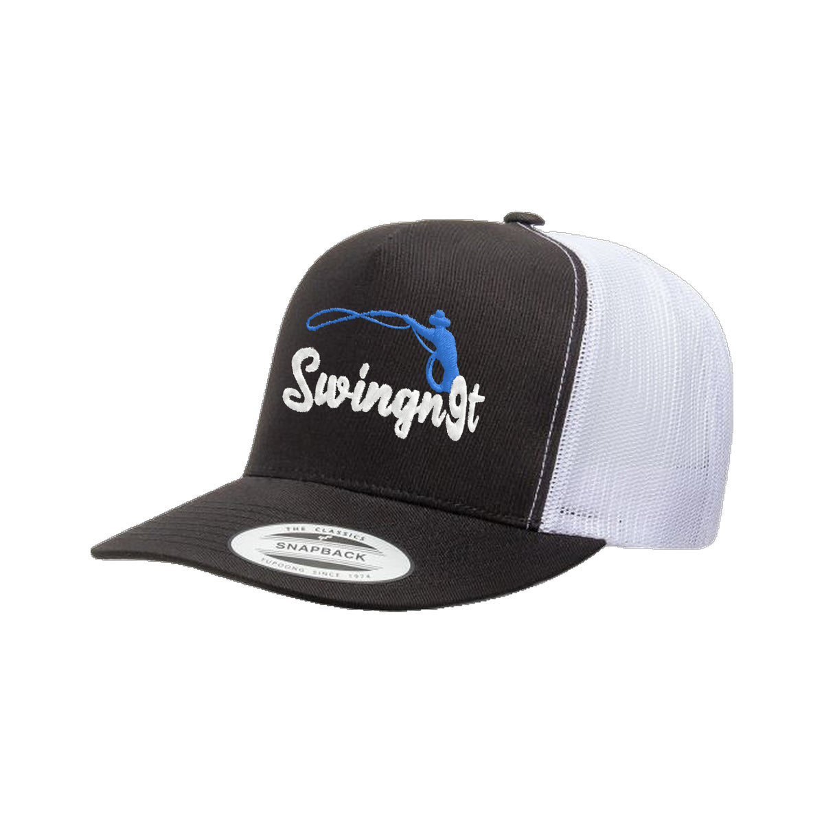 SwingN9T Roping Yupoong 6006 Hat / Black/White / White/Blue / angle on white