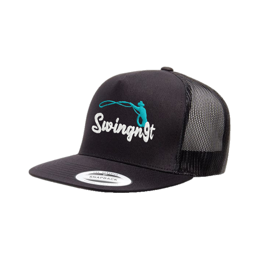 SwingN9T Roping Yupoong 6006 Hat / Black / White/Teal / angle on white