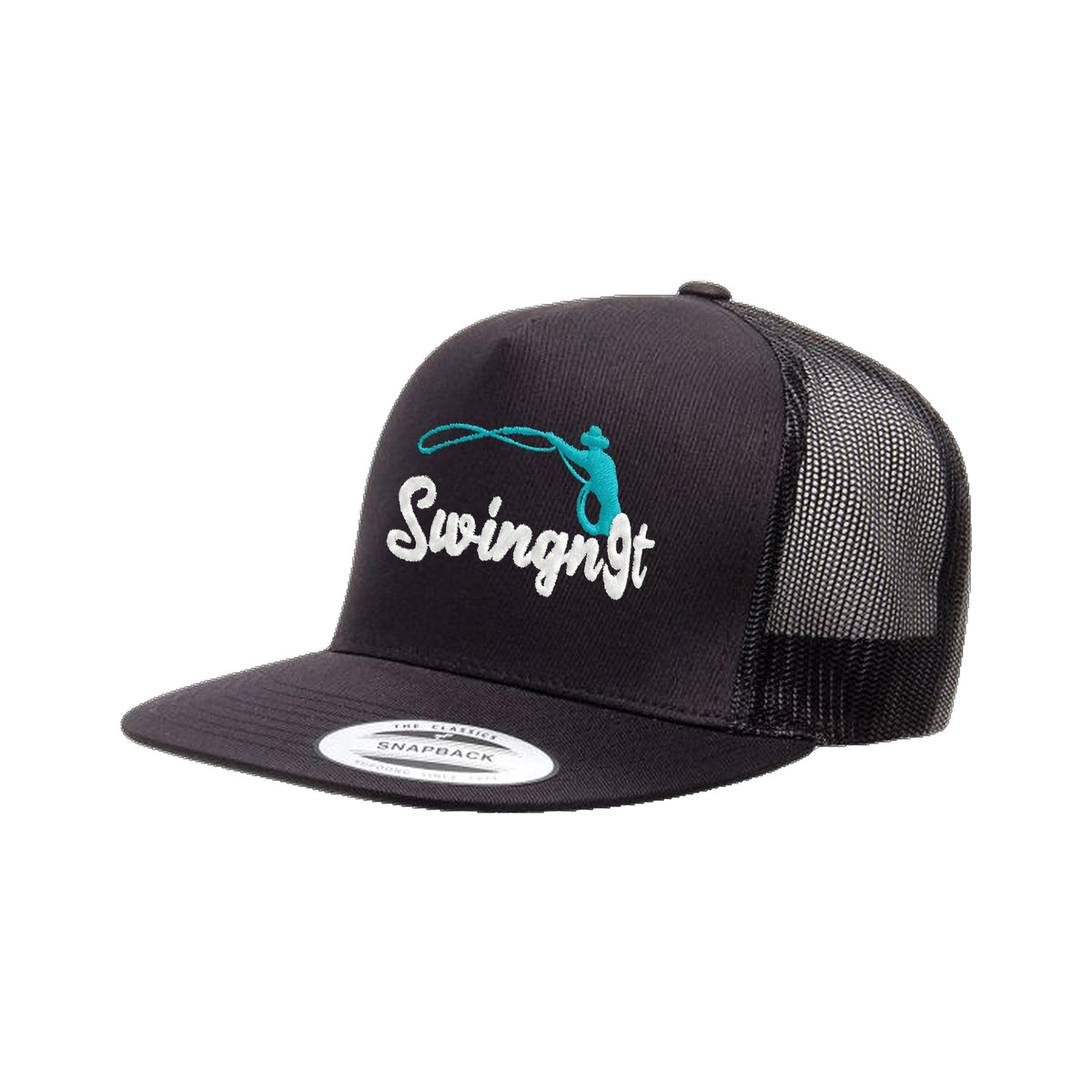 SwingN9T Roping Yupoong 6006 Hat / Black / White/Teal / angle on white
