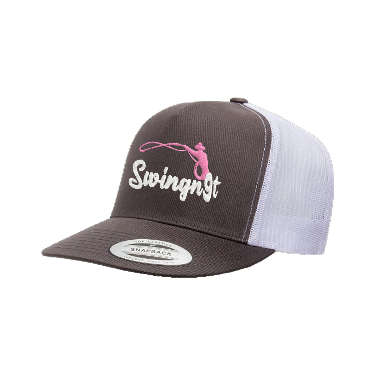 SwingN9T Roping Yupoong 6006 Hat / Charcoal/White / White/Pink / angle on white