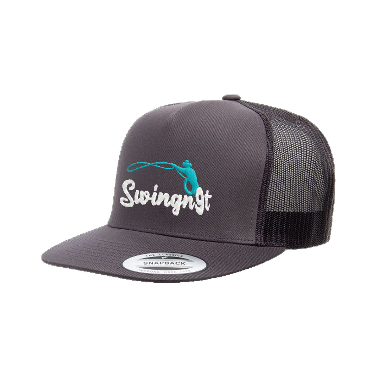 SwingN9T Roping Yupoong 6006 Hat / Charcoal / White/Teal / angle on white