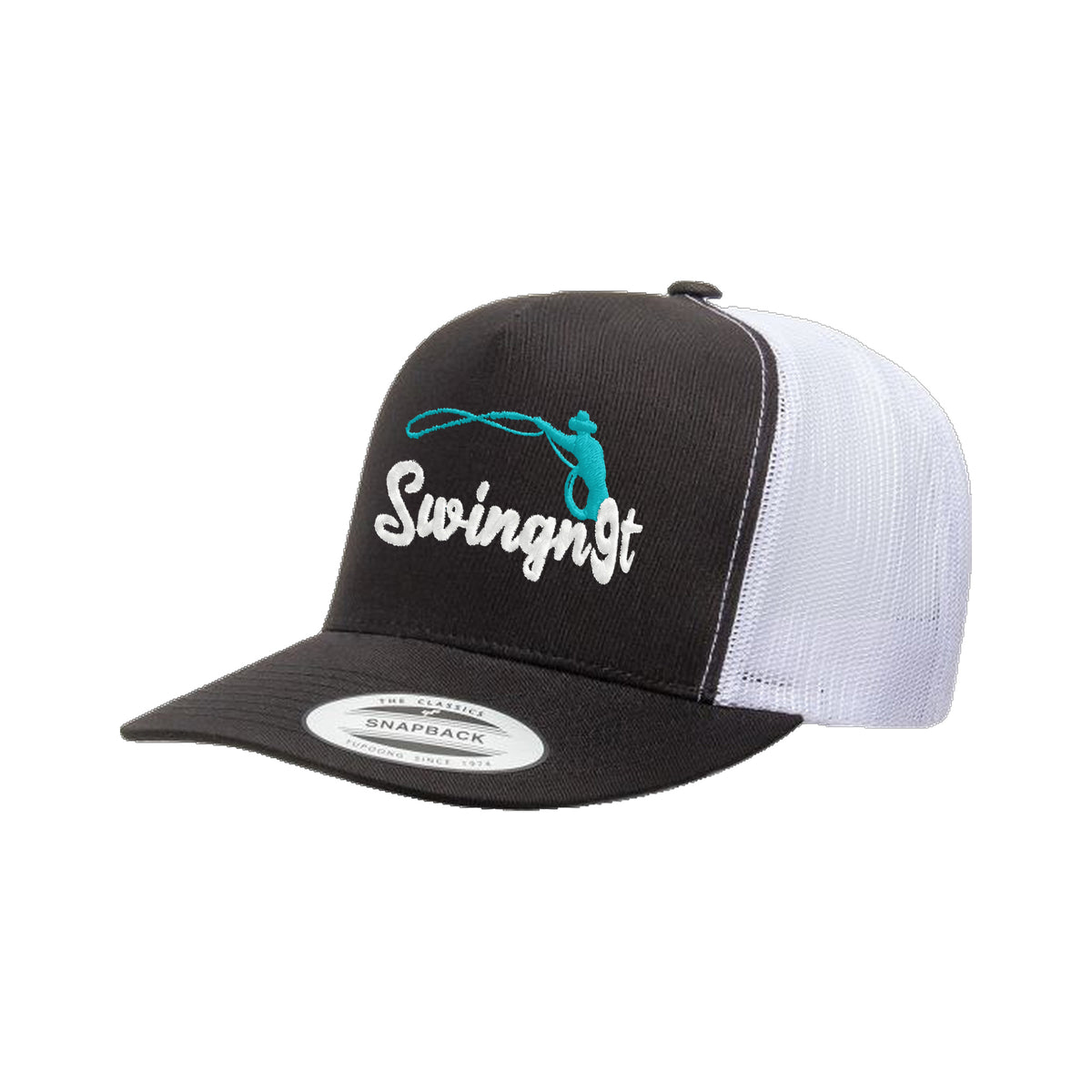 SwingN9T Roping Yupoong 6006 Hat / Black/White / White/Teal / angle on white