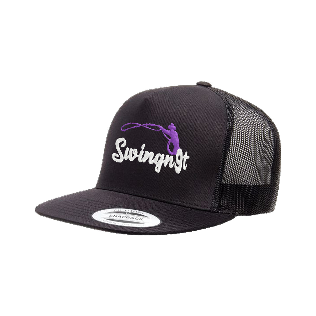 SwingN9T Roping Yupoong 6006 Hat / Black / White/Purple / angle on white
