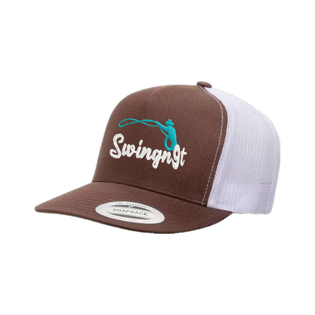 SwingN9T Roping Yupoong 6006 Hat / Brown/White / White/Teal / angle on white