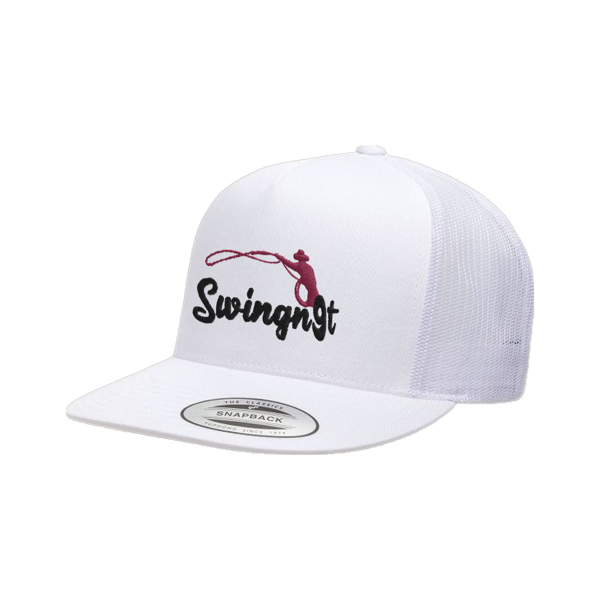 SwingN9T Roping Yupoong 6006 Hat / White / Black/Maroon / angle on white