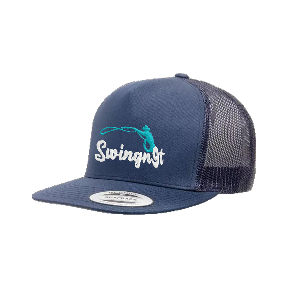 SwingN9T Roping Yupoong 6006 Hat / Navy / White/Teal / angle on white