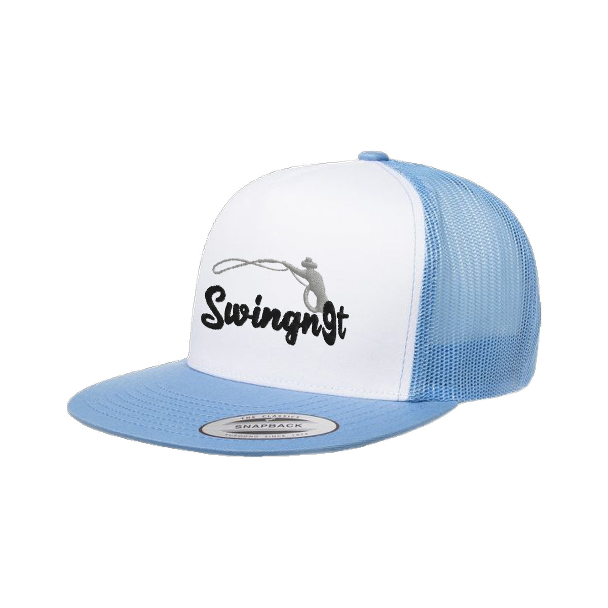 SwingN9T Roping Yupoong 6006 Hat / Carolina Blue/White/Carolina Blue / Black/Grey / angle on white