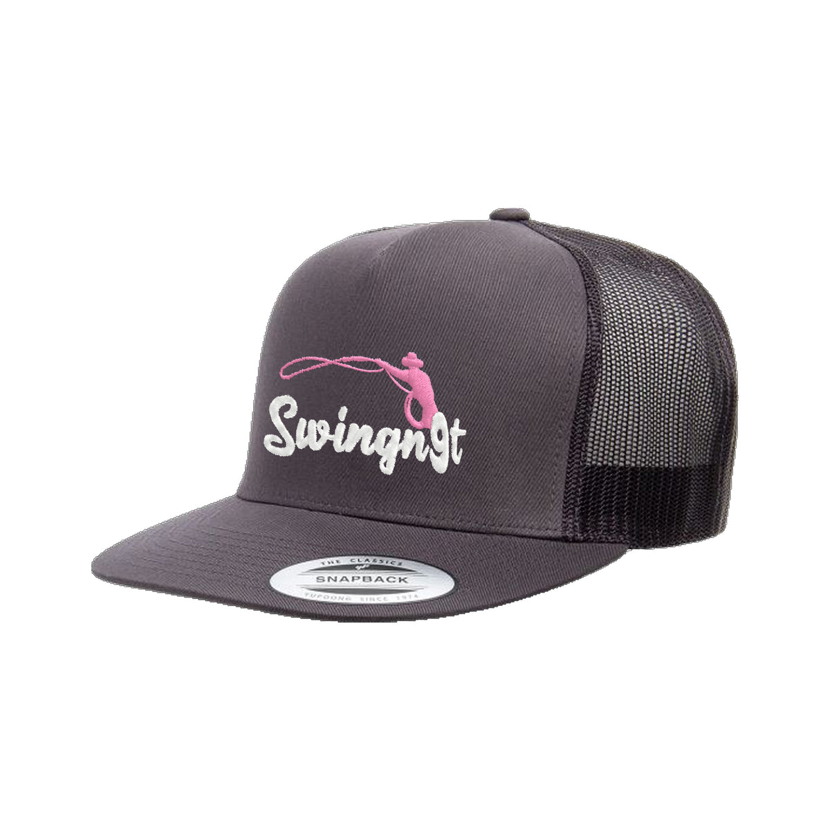 SwingN9T Roping Yupoong 6006 Hat / Charcoal / White/Pink / angle on white