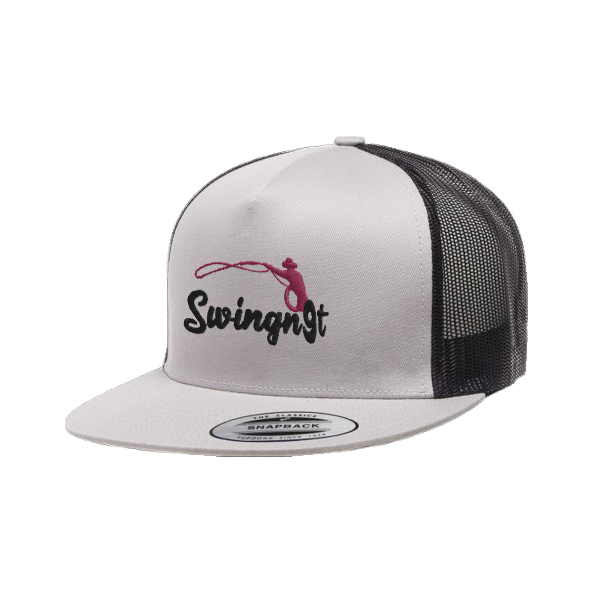 SwingN9T Roping Yupoong 6006 Hat / Black/Silver / Black/Maroon / angle on white