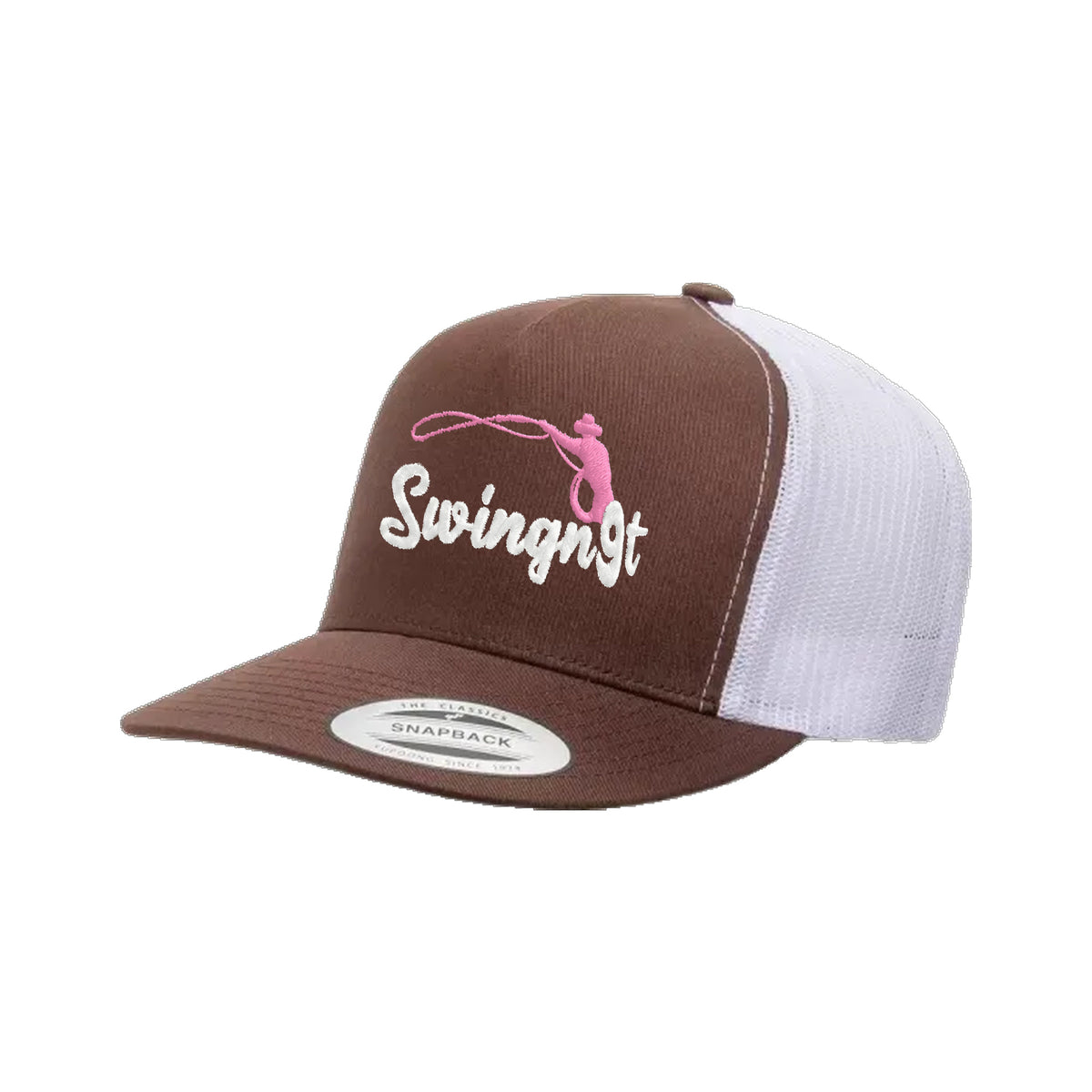 SwingN9T Roping Yupoong 6006 Hat / Brown/White / White/Pink / angle on white