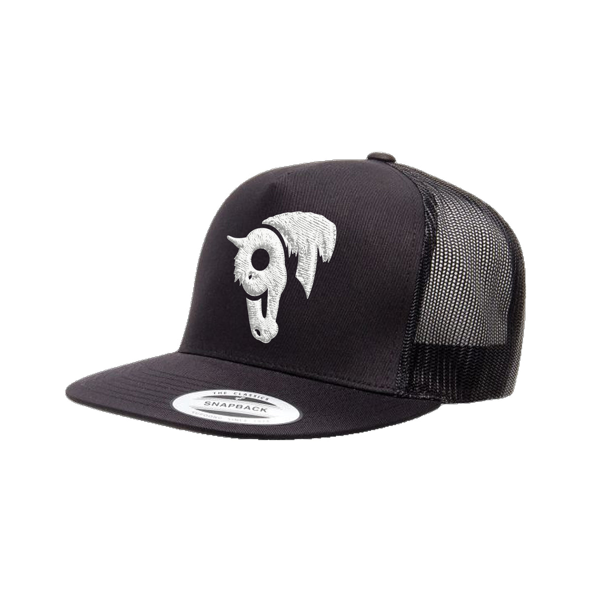 9T Horse Yupoong 6006 Hat / Black / White / angle on white
